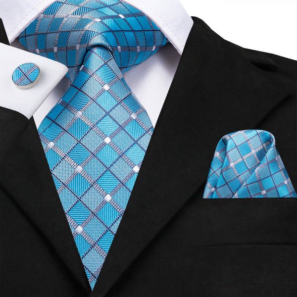 Hi-Tie New Plaid Mens Tie Handkerchief Set Jacquard Woven Silk Neck Tie 8.5cm Blue for Men Suit Business Wedding N-3119