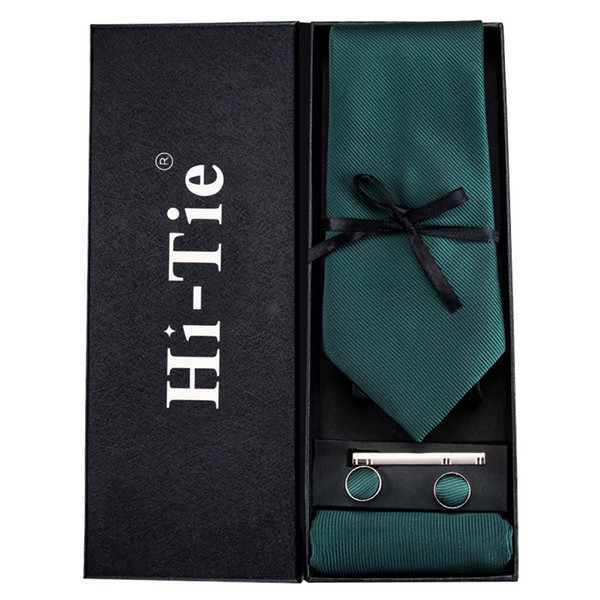 Mens 100% silk tie Dark green color Gift box handkerchief cufflinks collar clip set of 4 Wholesale Necktie Mens Ties Set free shipping