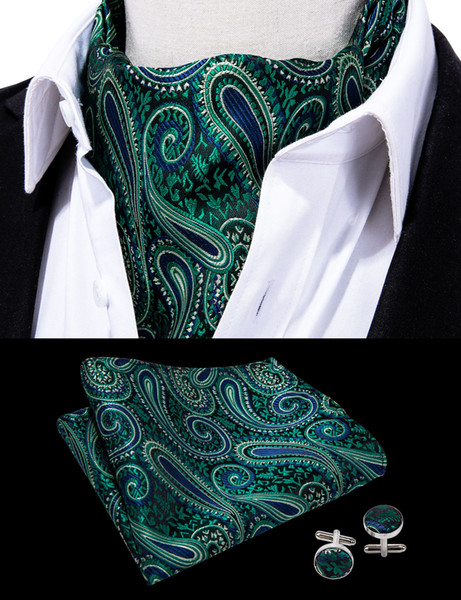 Hi-Tie Green Floral 100%Silk Ascot Pocket Square Cuffflinks Cravat Set For Casual Jacquard Dress Scarves Ties Party AS-006