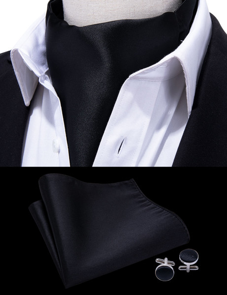 Hi-Tie Black Solid 100%Silk Ascot Pocket Square Cuffflinks Cravat Set Casual Jacquard Dress Scarves Ties Party Wedding Set AS-0010