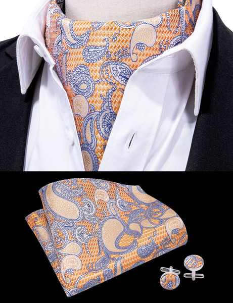 Hi-Tie Fashion Brand Men Handkerchief Cuffflinks Cravat Set Silk Paisley Pattern Gentlemen Golden Dots Tie Wedding Ascot Bowtie AS-0020