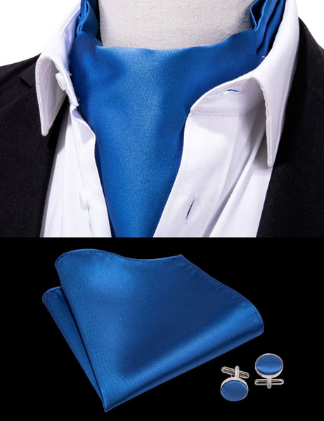 Hi-Tie Mens Vintage 100% Silk Ascot Tie Pocket Cufflinks Square Set Classic Blue Solid Cravat For Mens Gift Party Wedding AS-0009