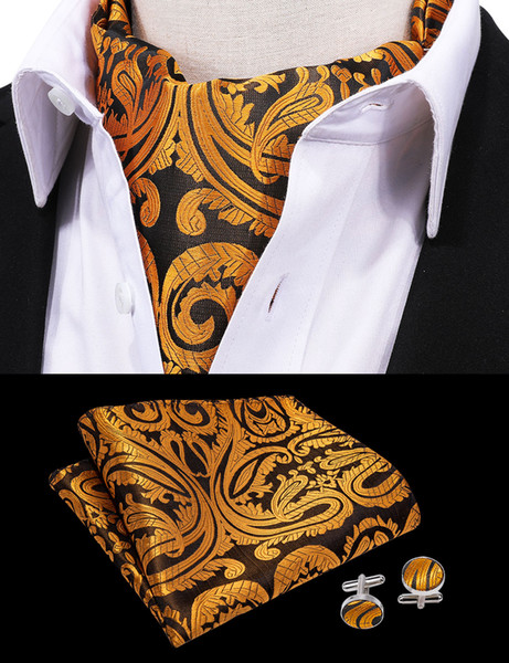 Hi-Tie Mens Vintage Golden Luxury Wedding Formal Cravat Ascot Scrunch Self British style Gentleman Polyester Neck Tie AS-0003