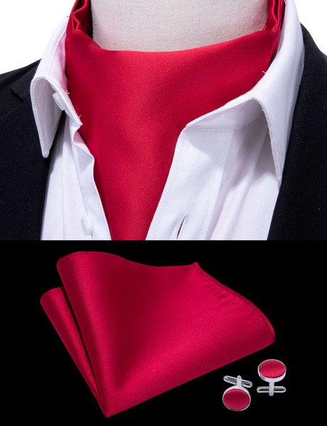 Hi-Tie New Designer Men's Red Solid Silk Cravats Mens Ascot Handkerchief Cuffflinks Set For Mens Tie Necktie AS-0012