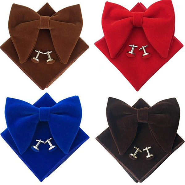 Men's Large Bow Tie Buckle Set handerchief cufflinks handky Solid Color Vintage Performance stage Velvet bowknot neckwear