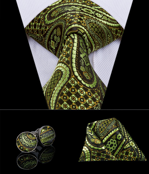 HI-TIE New Novelty Golden Paisley Tie Sets Hanky Cufflinks Men's Silk Ties Formal Wedding Party Groom N-3081