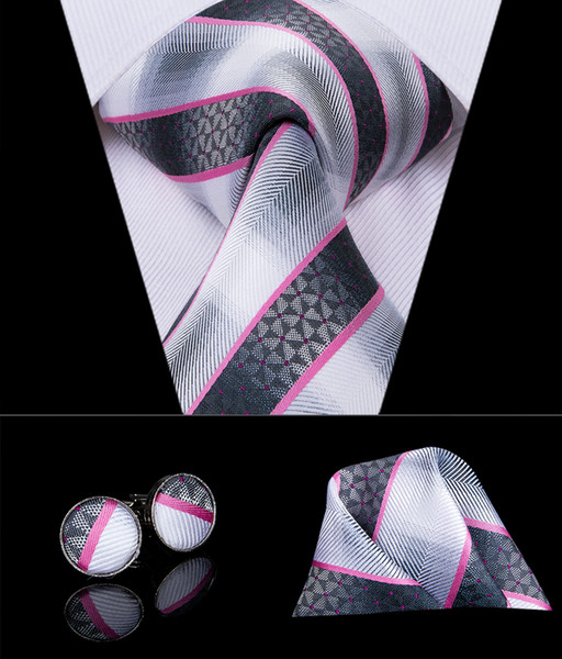 Hi-Tie Pink silver stripe Necktie For Men Luxury Style Neck Wear Silk Ties Hanky Cufflinks Set For Wedding Party N-3016