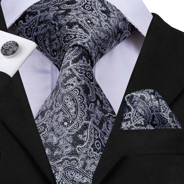 HI-TIE New Arriving Mens Ties Fashion Grey Floral Tie Hanky Cufflinks Set New Design Brand Gravatas for Mens Ties N-3051