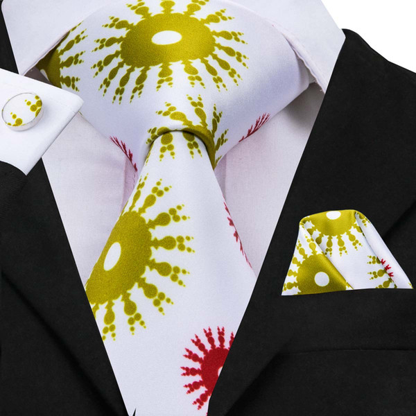 Hi-Tie New Novelty White Floral Necktie Fashion Design Golden Sun Pattern Tie Hanky cufflinks Set for Man Wedding Party Tie Set N-3095