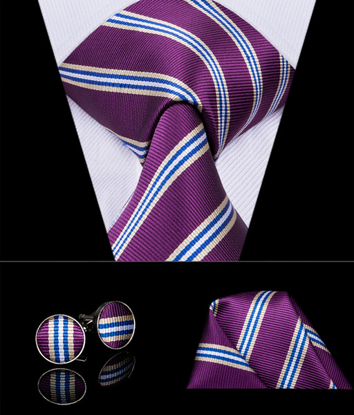 Hi-Tie New Arrival Nektie For Man Purple Blue stripe 100% Silk Fashion Style Ties Hanky Cufflinks Set Wedding Party Tie N-3023