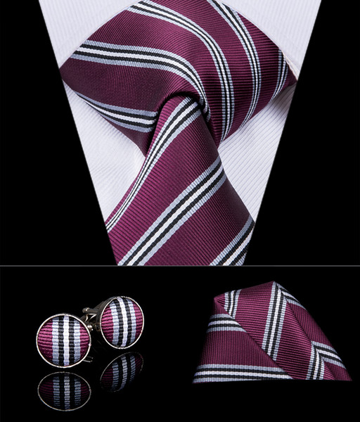 HI-TIE Purple Mens Ties Pocket Square Cufflinks New Brand Fashion Black White Stripe Neck Ties For Men Business Wedding Necktie Set N-3026