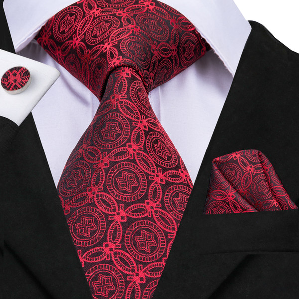 HI-Tie Fashion Red Pattern Tie 100% Silk Jacquard Woven Necktie for Men Hanky and Cufflinks Business Party Wedding Tie Set N-3084