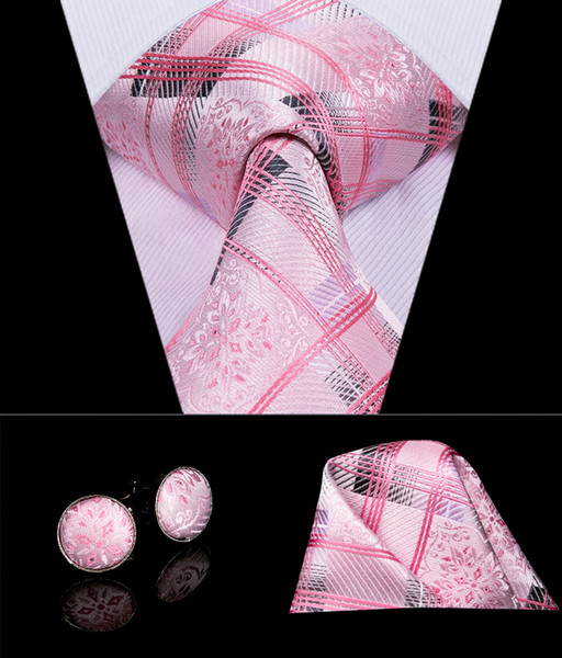 HI-TIE Classic Silk Men Tie Set Luxury Pink Plaid Necktie Hanky Cufflinks Set High Quality Men's Party Wedding Tie Set N-3074