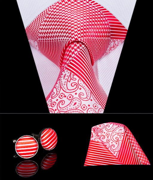 HI-TIE Luxury Designer Silk Woven Men Tie New Pink Plaid Floral Necktie Hanky Cufflinks Set Luxury Men's Wedding Tie Set N-3075