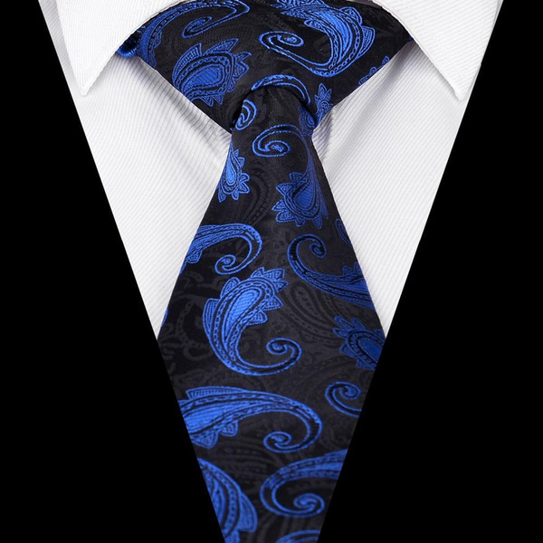 Ikepeibao Men`s Tie Blue Black Paisley Jacquard Woven Microfiber Formal Necktie