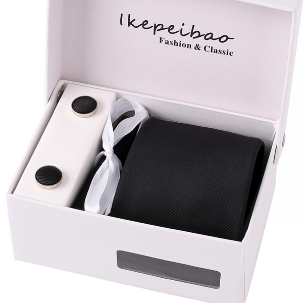 Ikepeibao Classic Stripe Black Mens Ties Cufflink Hanky Sets Custom Brand Woven Jacquard Custom Brand Neckties