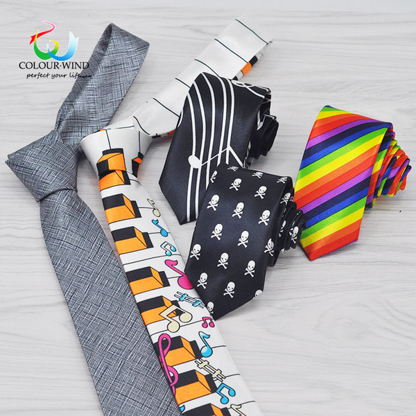 Casual Men's Polyester Tie 5 CM Width Skull Narrow Necktie For Boy Leisure Musical Piano Rainbow Striped Plaid Gravata Male Ties