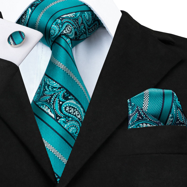 SN-455 Teal Striped Tie Hanky Cufflinks Sets Men's 100% Silk Ties for men Formal Wedding Party Groom