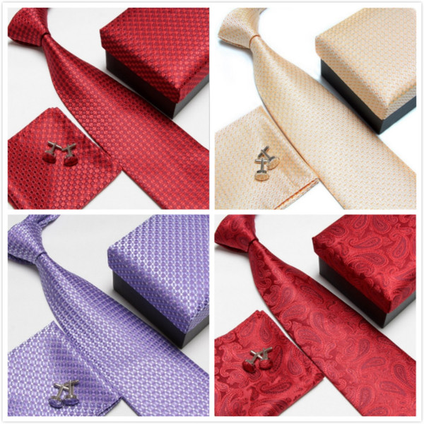 wholesale Mens Tie Silk Geometric Jacquard Woven Classic Tie Hanky Cufflinks Set with Box For Formal Wedding Business Party