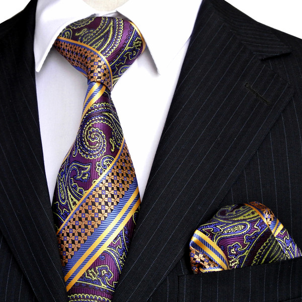 Wholesale Fashion High Quality Mens Tie Set Multicolor Purple Yellow Blue Paisley Stripes Neckties Handkerchieves 100% Silk Free Shipping