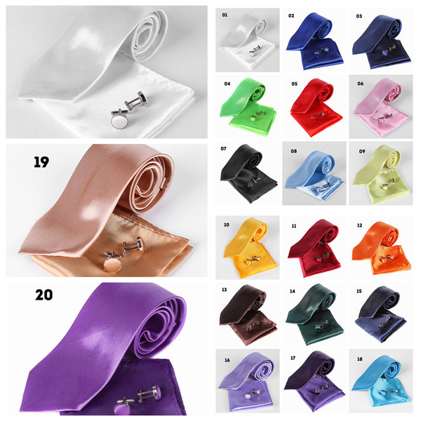 20Colors Solid Neck tie Cuff Links Handkerchief Set Classic Casual men business wedding party tie 8cm gift FFA607