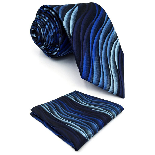 Blue Ripple Mens Necktie Classic Silk Fashion Party Pocket Square Extra Long Size Set Gift