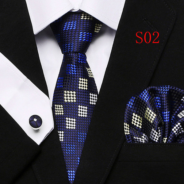 Suit Necktie Ties for Men Gravatas Mens Accessories Wide Polyester Silk Tie Set Geometric Plaid Business Hanky Handkerchief Cufflinks 001