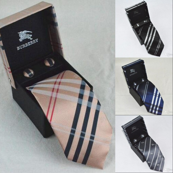 2019 hot 6Colors New arrived Men Silk Ties & Cufflinks & hanky Fashion Mens Neck Ties luxury brand b tie with box Business Leisure