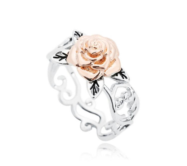 2018 new personality temperament two-color rose ring fashion alloy carved rose ring hollow decoration boutique jewelry