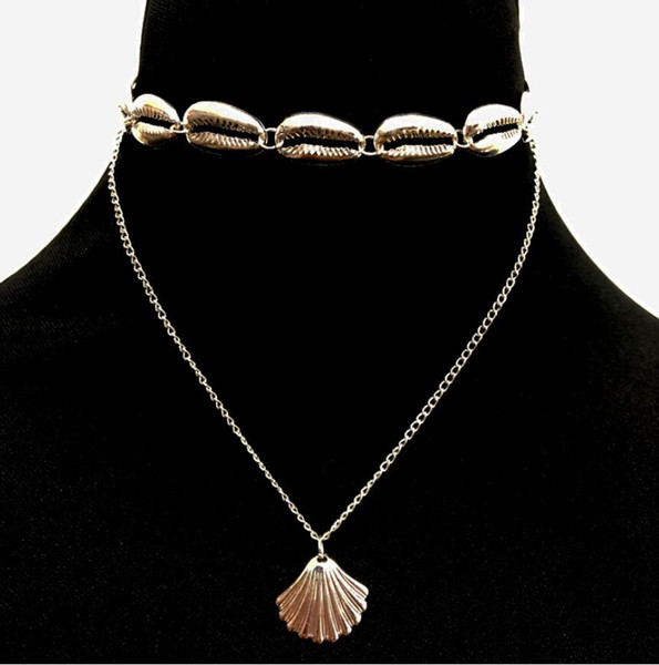 New fashion versatile metallic double neck chain alloy shell scallop pendant necklace ethnic style necklace jewelry