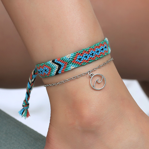 Explosion summer beach double-layer round wavy anklet national wind hand-knitted foot jewelry