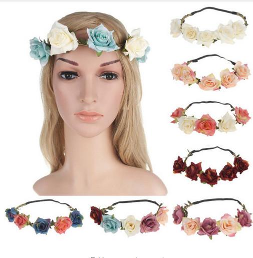 Wedding Rose Red Garland Flower Vine Wreath Gradient Color Headwear Elastic Rubber Hair Bands Accessories For Bride Girls