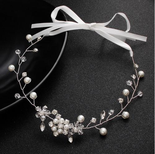 2019 New hot sale Bride's Hair Ribbon Handmade Pearl Crystal Ribbon Fashion Hair Ribbon Headdress