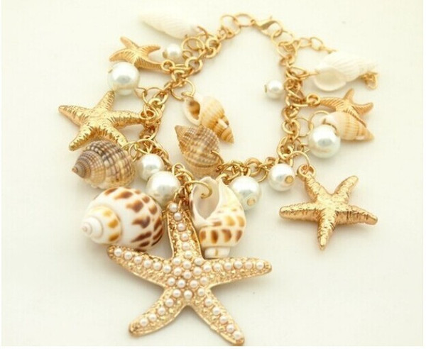 ocean style multi starfish sea star conch shell pearl chain beach barcelet bangle