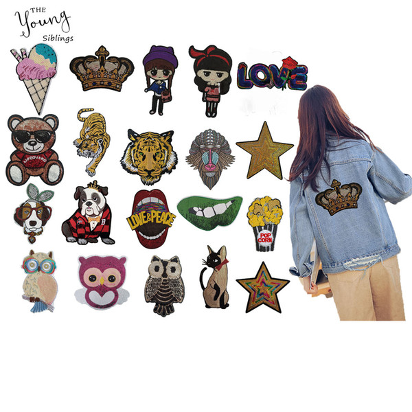 New Big size Cartoon Animal Embroidery Applique Sew on Clothes DIY Sequin Lips star Iron on Patches stickers badges Accessories