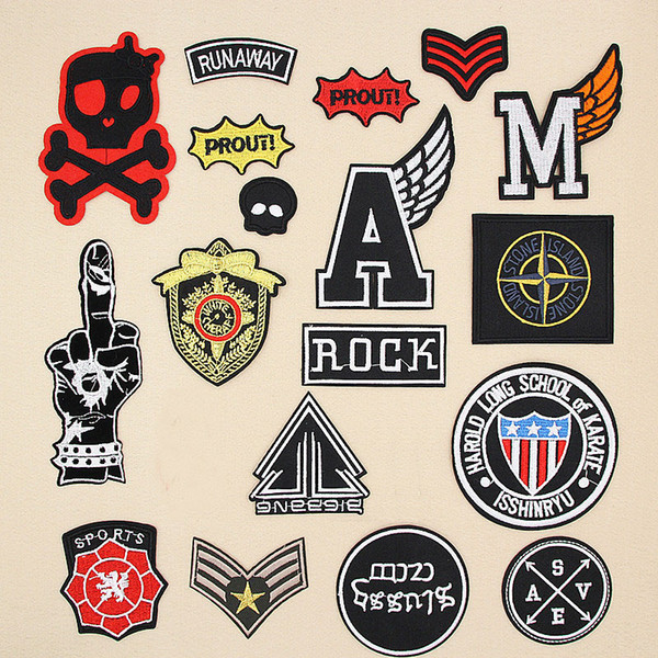 Wholesale Middle Finger Skull Rock Military Embroidery Patches for Clothing Iron on Clothes Jeans Appliques Badge Stripe Sticker