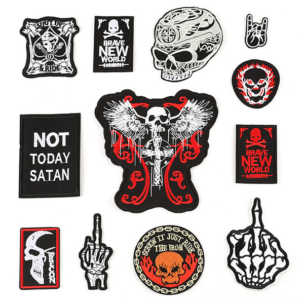 Skull Skeleton Rock Peace Hand Punk Hippie Biker Motorcycle Embroidery Patches for Clothing Appliques Iron on Clothes Stickers