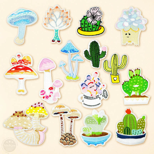 Cactus Mushroom Succulent Plant Embroidered Patch Applique Cute Patches Fabric Badge Garment DIY Apparel Accessories Badges