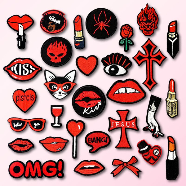 Lipstick Lips Heart Embroidered Patch for Clothing Iron on Sew Applique Cute Fabric Clothes Shoes Bags DIY Decoration Patches