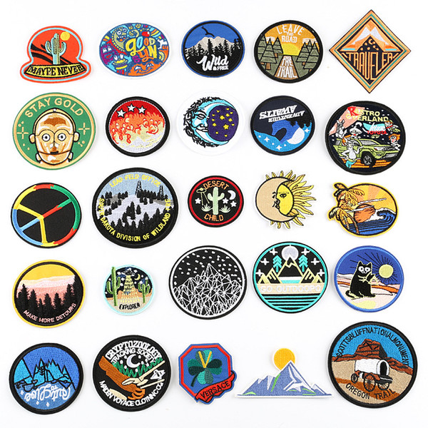 Round Cactus Sun Moon Starry Sky Explore Iron on Patches Stripes for Clothes Military Clothing Embroidered Appliques DIY Sticker