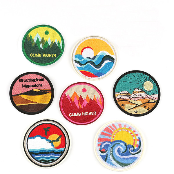 100 PCS Ocean Round Embroidery Patches for Clothing DIY Stripes Mountain Appliques Clothes Stickers Iron on Sunrise Badges @W