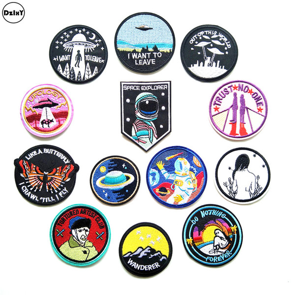 (DzIxY) 100 PCS Round UFO parches Embroidered Iron on Patches for Clothing DIY Stripes Stickers Astronaut Badges @B6