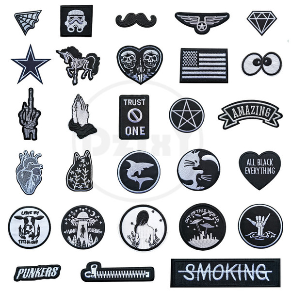 (46 Styles) 100 PCS Black and White Patches for Clothes Iron on Finger Appliques DIY Skull Stripes Embroidery Sticker Round Badges