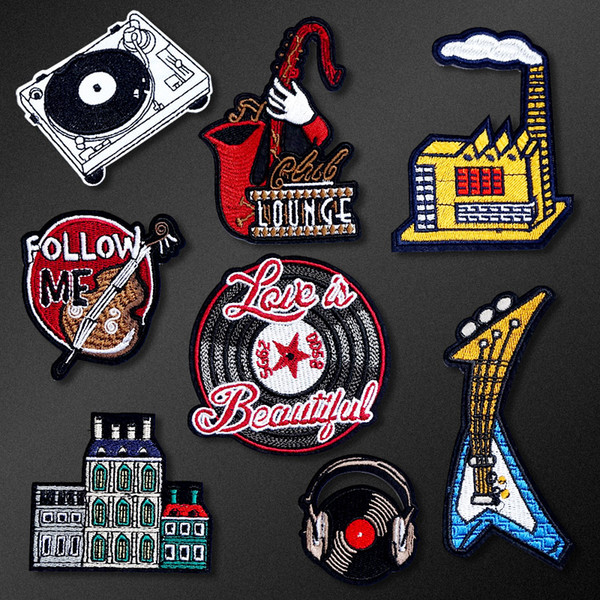 Music Guitar House Patch Badges Embroidered Applique Sewing Iron On Clothes Garment Apparel Accessories Sew On Badge