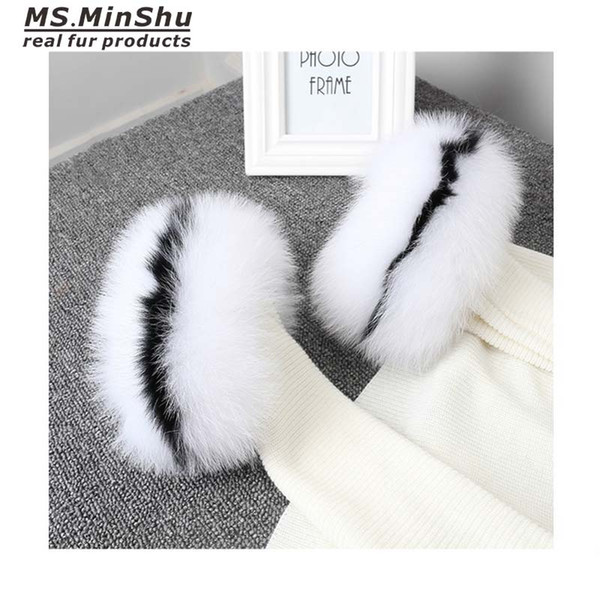 Ms.MinShu 14cm Real Fox Fur Cuff 100% Natural Fox Fur Sleeves For Women Coat Warmer Sleeve Jacket Fox Fur Collar Cuff