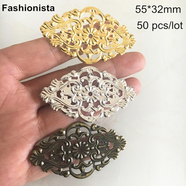 50 pcs Metal Filigree Connectors,Rhombus Metal Stampings 55*32mm,Gold-color,Silver-color,Bronze,Pretty Flower Metal Findings diy