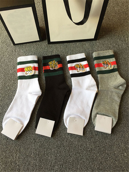 New 4pairs 2white 1black 1grey Embroidery tiger head Socks Antibacterial Deodorant Cotton Fashion Unisex Sport Socks