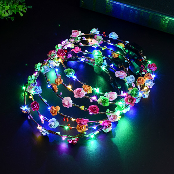 Flashing LED Hairbands strings Glow Flower Crown Headbands Light Party Rave Floral Hair Garland Luminous Wreath Fashion Accessories GGA1276