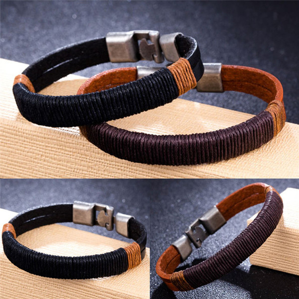 Men's Vintage Titanium Steel Leather Bracelet Leather Bracelet Cuff Black Brown