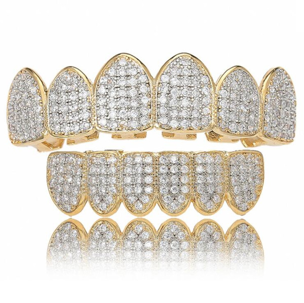 Hot Sale Hip Hop Micro zircons Gold Teeth Grillz Top Bottom Grills Dental Mouth Punk Teeth Caps Cosplay Party Tooth Rapper Jewelry Gift Free